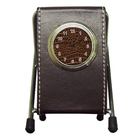 Leather Look & Skins Brown Crocodile Pen Holder Desk Clock from ArtsNow.com Front